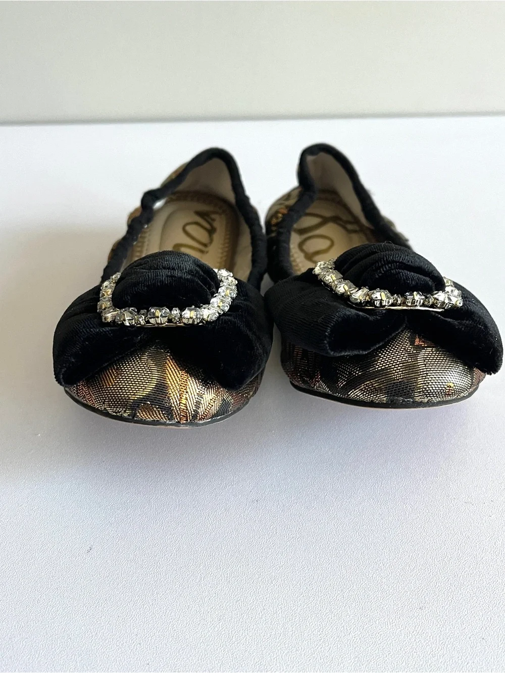 Sam Edelman girls ballet flat shoe 2 Farah gold brocade buckle black velvet bow